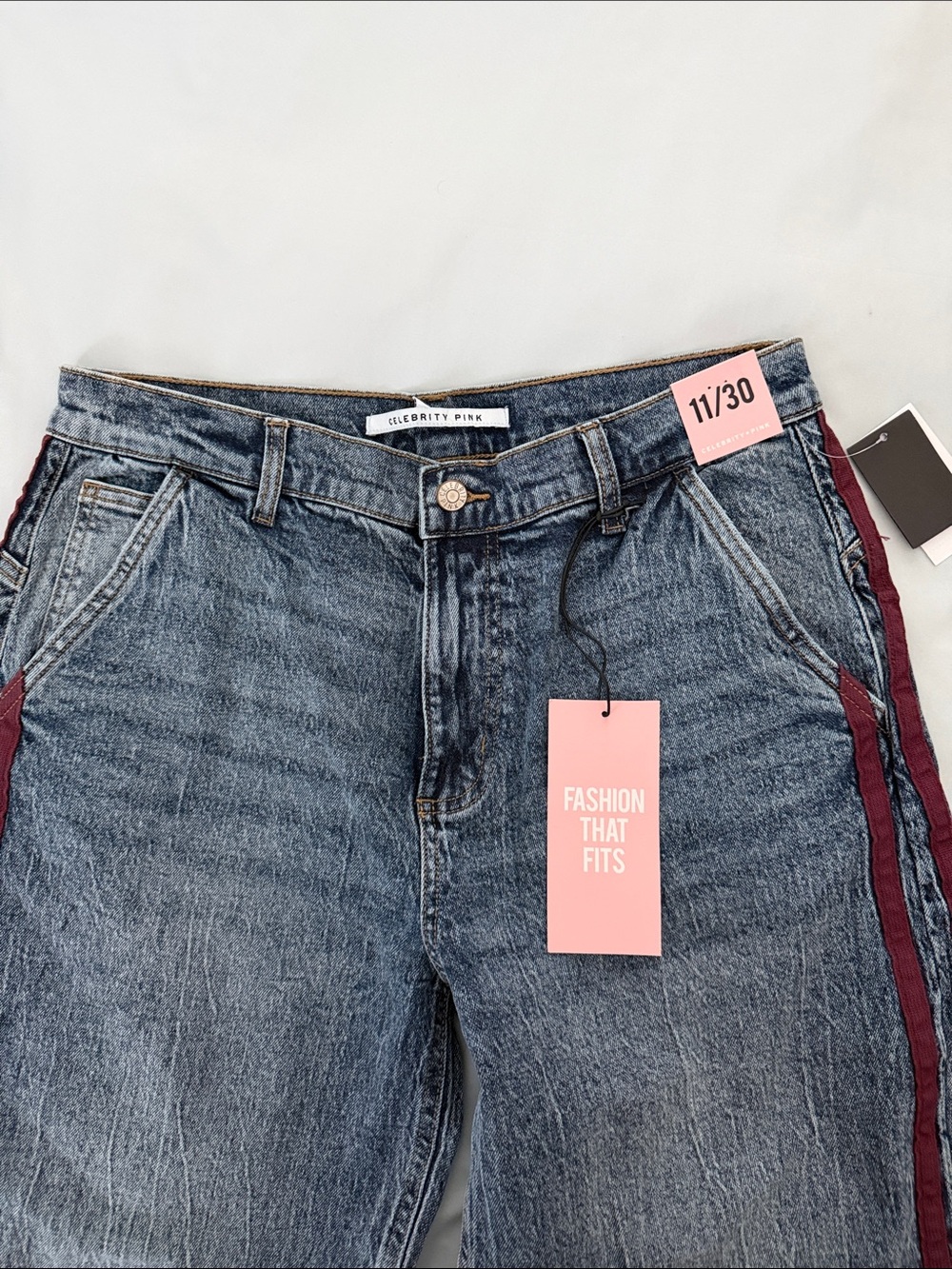 Celebrity Pink Women's Blue Denim Jeans with Burgundy Side Stripe, Wide Leg